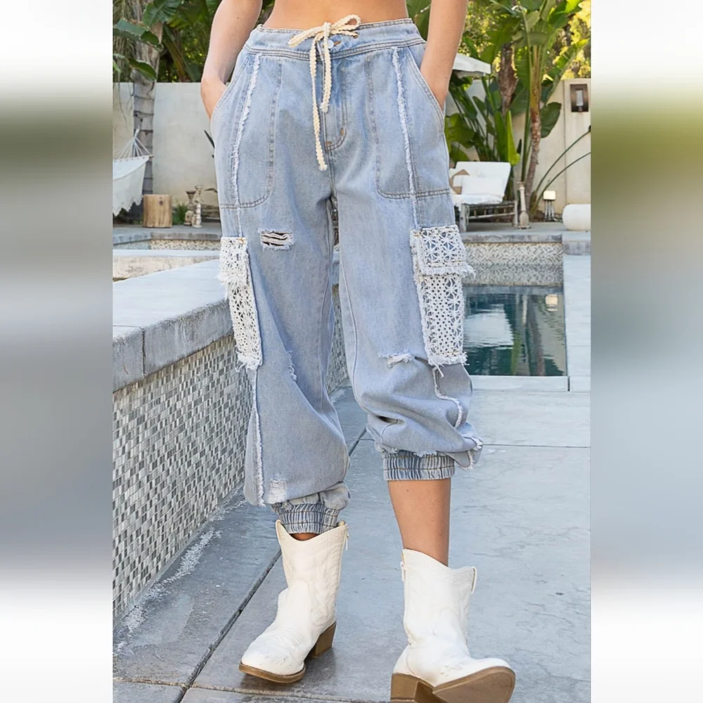 New! POL Crochet Lace Denim Cargo Joggers - Picture 7 of 8